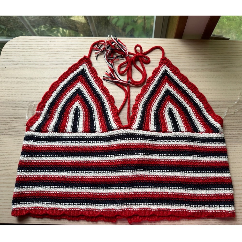 Francescas Blue Rain Crochet Halter Top Red White Blue Striped XL NWT Boho